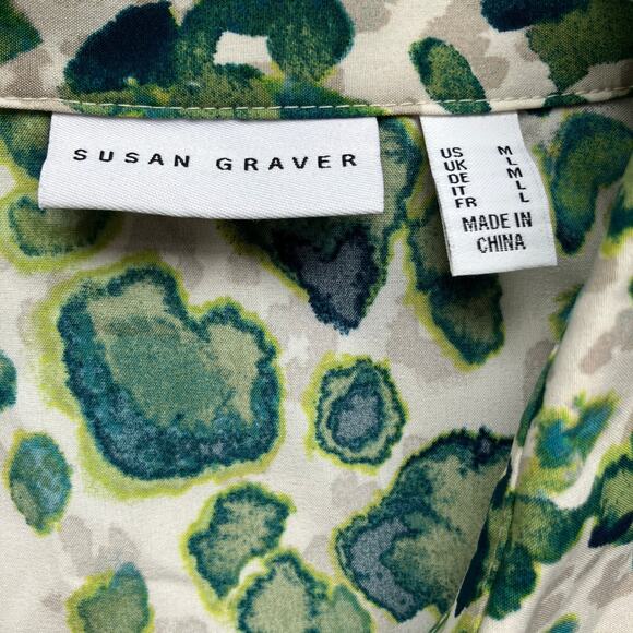 Susan Graver Liquid Knit Collared Button-Up Blouse Size M Green Print - Picture 6 of 7